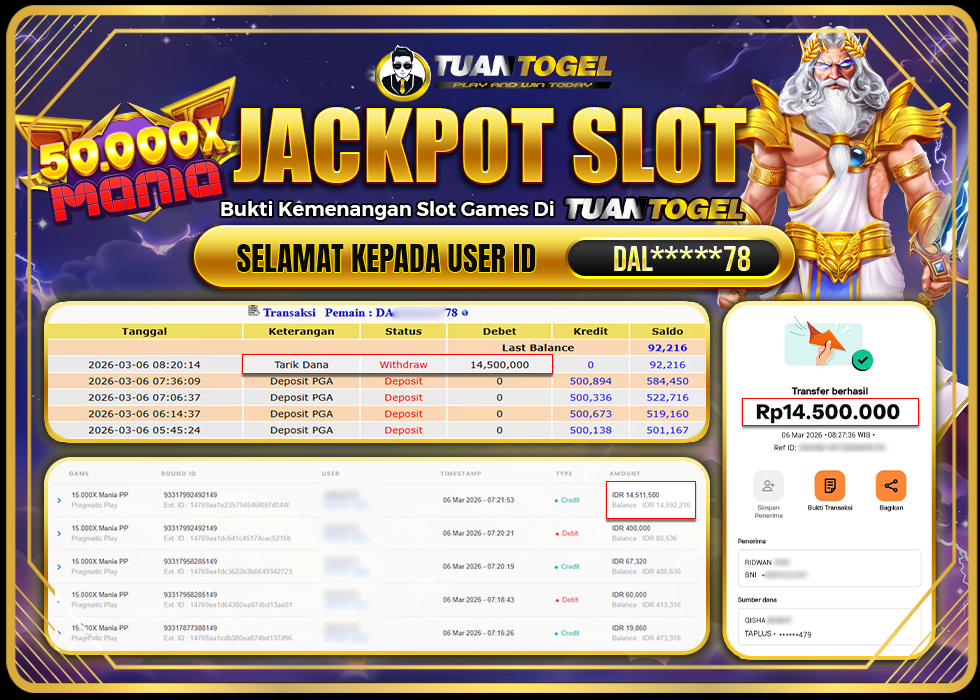 TUANTOGEL JACKPOT SLOT 50.000x MANIA Rp14.500.000, - LUNAS 
